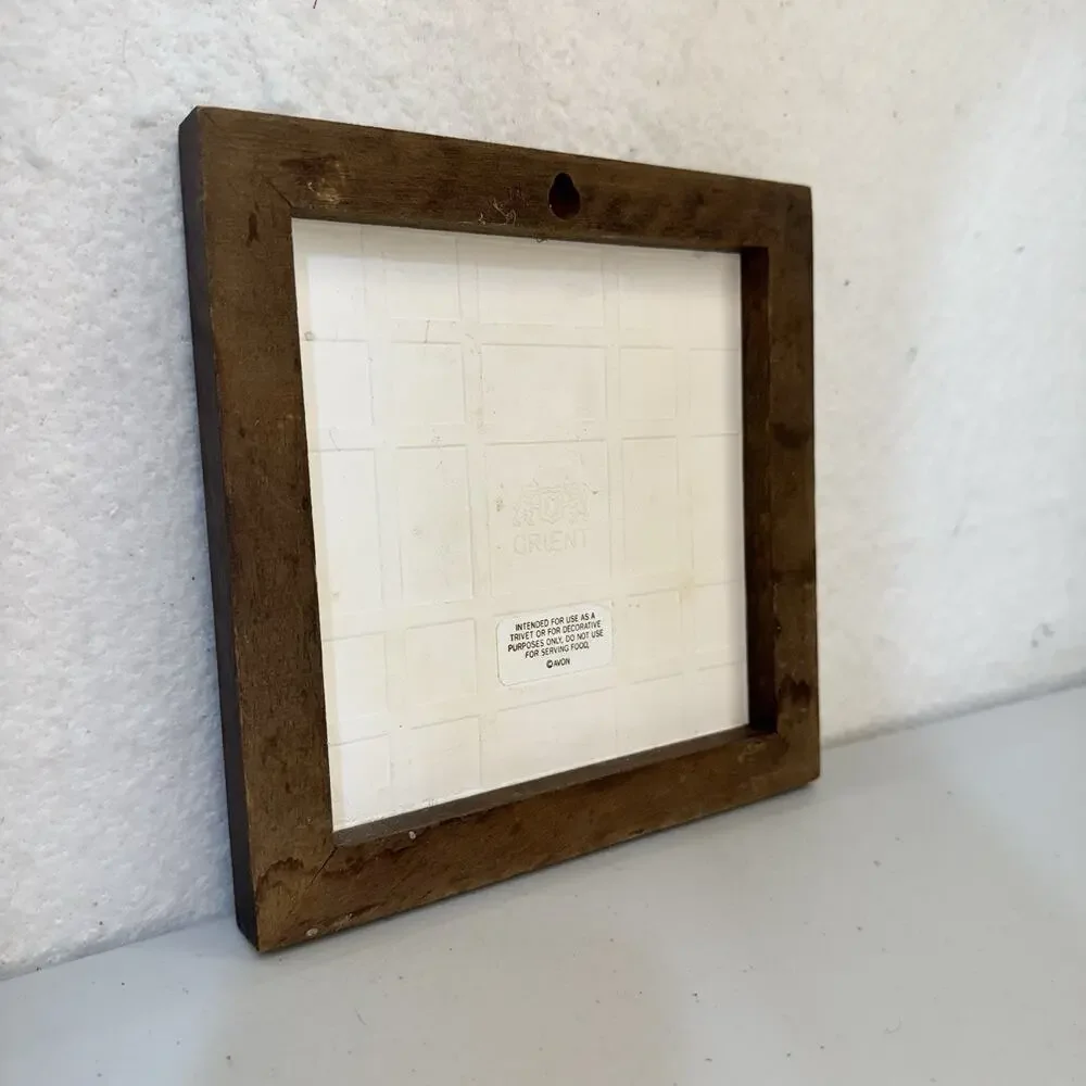 Mimi Vang Olsen Orange Tabby Cat Ceramic Tile Trivet Wood Frame VTG Kitchen Deco